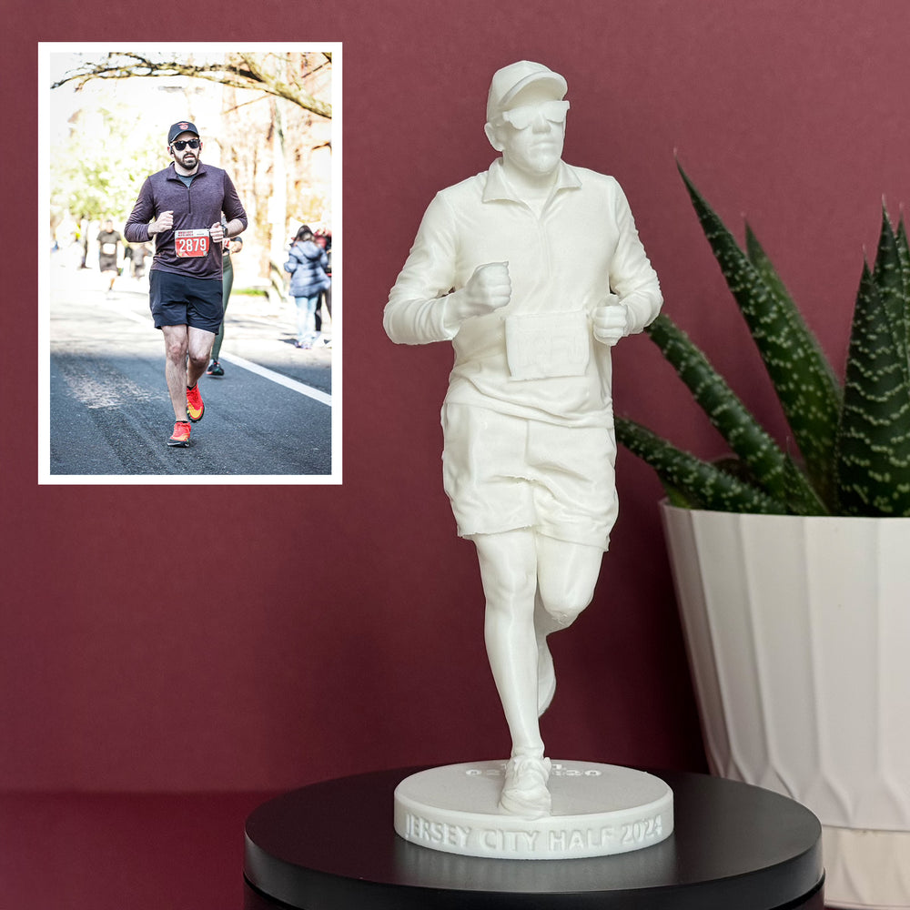 Unpainted Classic custom figure of a runner in a cap and sunglasses, beside the race photo it was made from